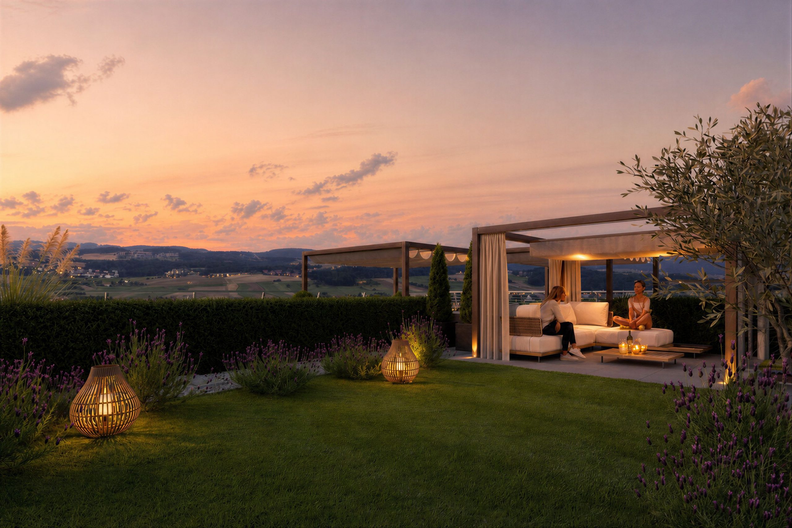 PRESTIGE Obstplatzl Dachgarten bei Sonnenuntergang